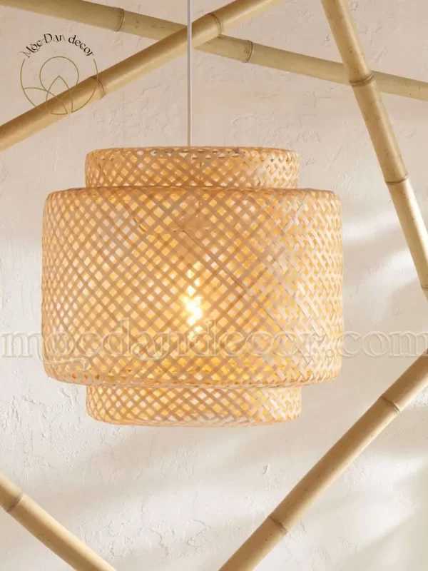 Đèn tre tự nhiên đan ba tầng lồng trụ phi 30 22 Đèn tre trang trí nhà hàng trụ ba tầng